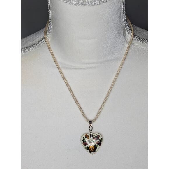 Vintage Cloisonné  Heart Butterflies Flowers Pendant 16" Cream cord Cottagecore - Picture 2 of 5